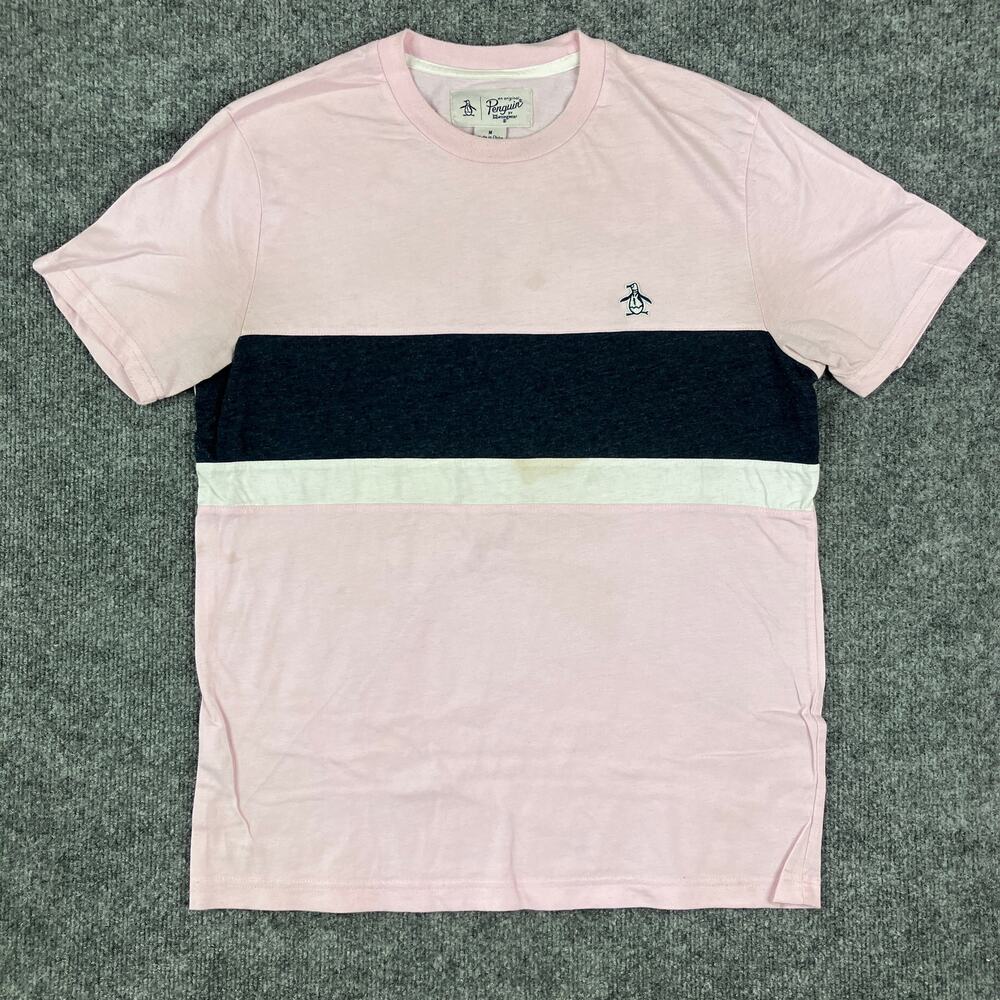 Original Penguin T-Shirt Mens Medium Pink‎ Colorblock Crewneck Casual Tee Stains